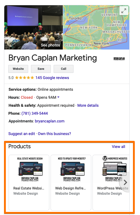 Example of a Google business search