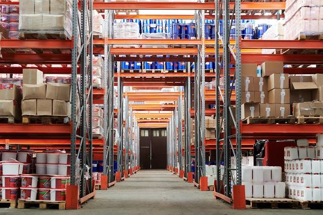 Warehouse with numerous shelves of products