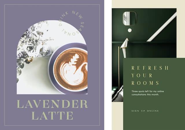 GoDaddy Studio templates for lavender lattes and spring colors