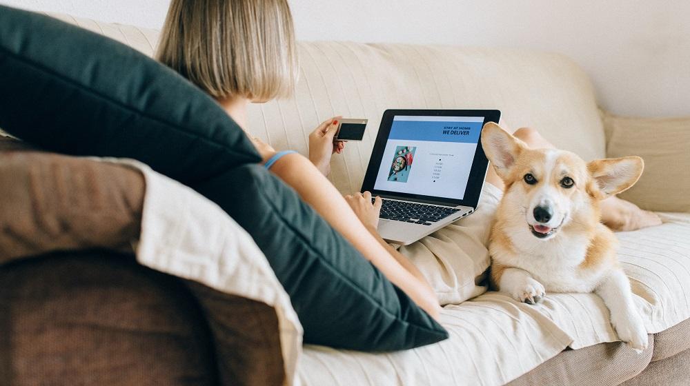 Woman making online payment with corgi resting nearby