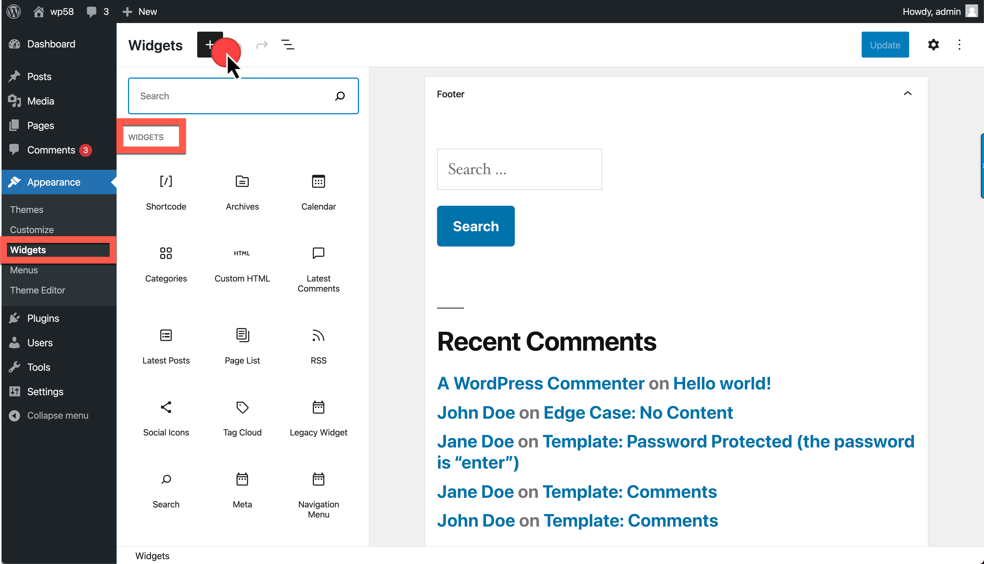 Screenshot of block-based widgets