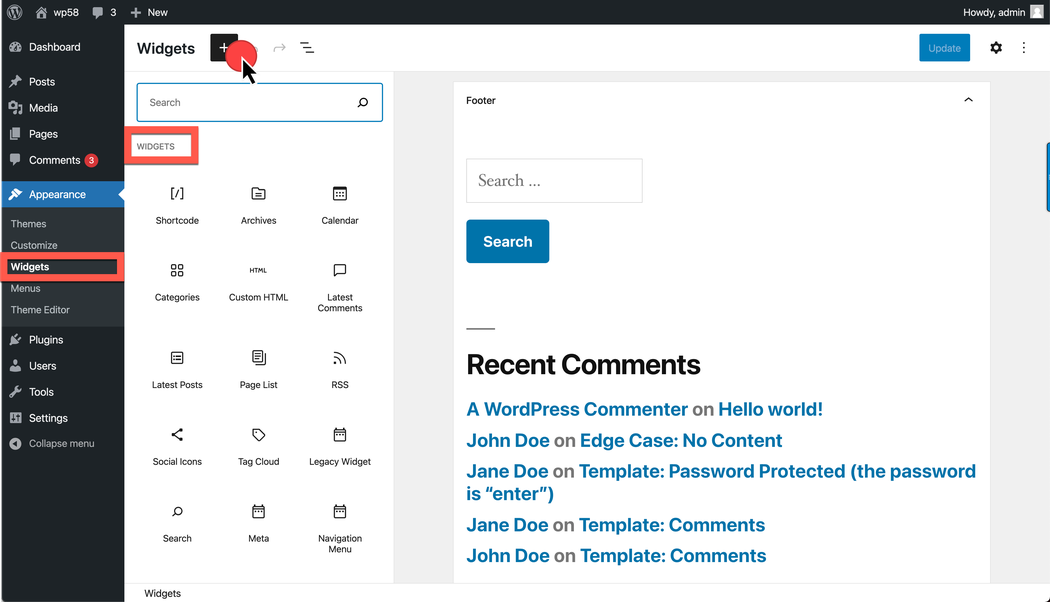 Screenshot displaying Appearance > Widgets > Block-based widgets