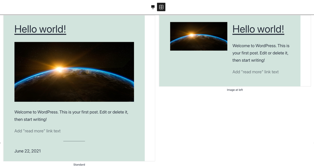 query loop block grid view preview options
