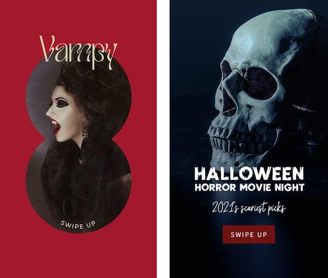 Horror themed Halloween ads with vampire and skeleton