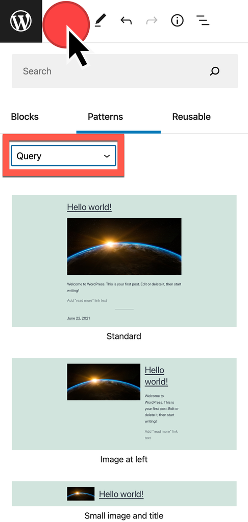 add a query loop from the block pattern selector