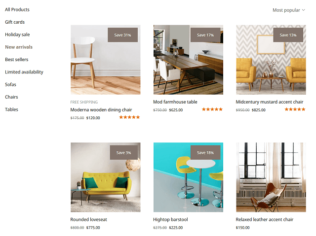 Example of a product page listing for a furniture store