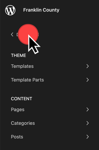 full site editor interface after selecting the back text to view template parts