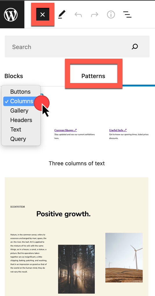 Insert block, select the Patterns tab, select the dropdown for pattern categories, and preview the pattern choices