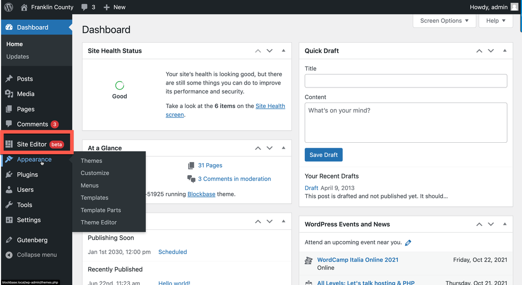 WordPress admin dashboard interface showing the Full Site Editor