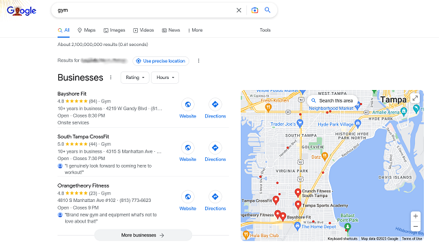 Google Maps search results for the word &quot;gym&quot;