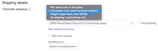 Calculated shipping example on Ebay