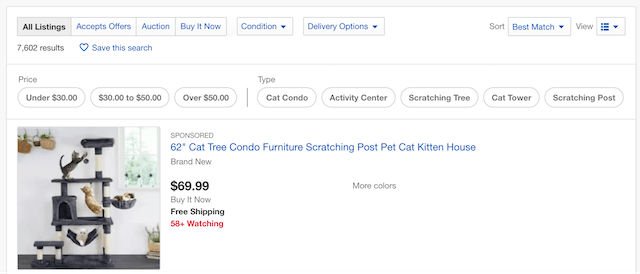 Cat tree condo listing on Ebay