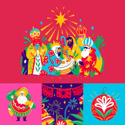Mexican Christmas illustrations by Luis Pinto for GoDaddy Studio