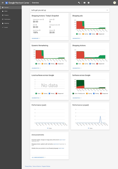 Google Merchant Center overview page