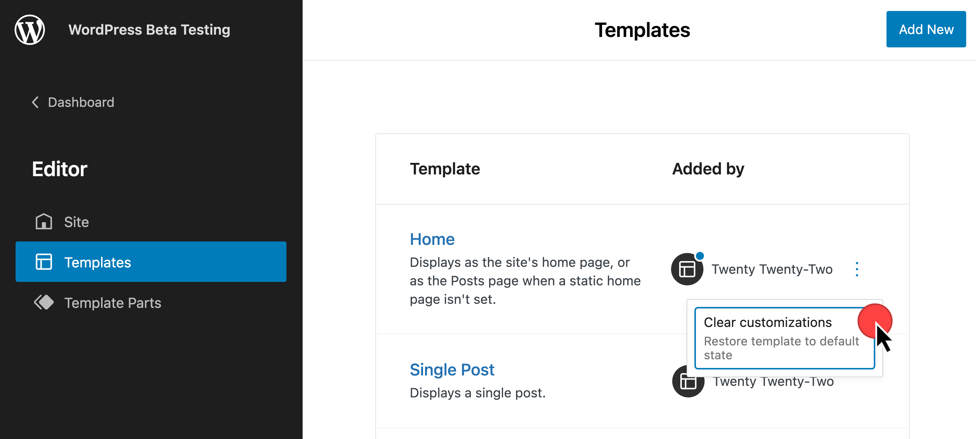 Twenty Twenty Two templates > Single post > clear customizations