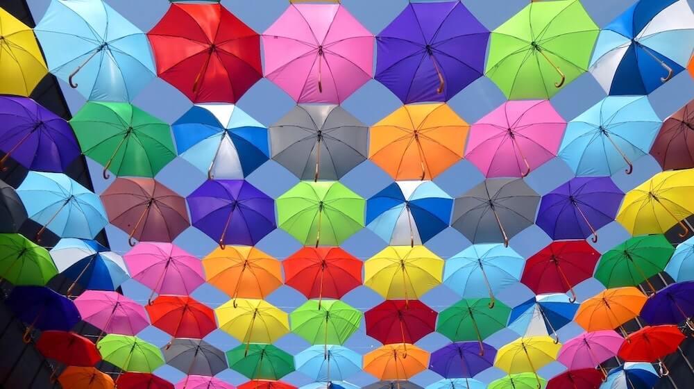 colorful umbrellas hanging up