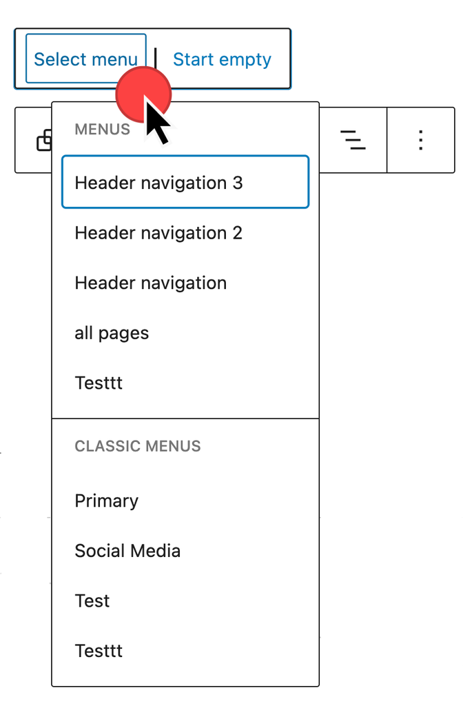 navigation block menu > select menu