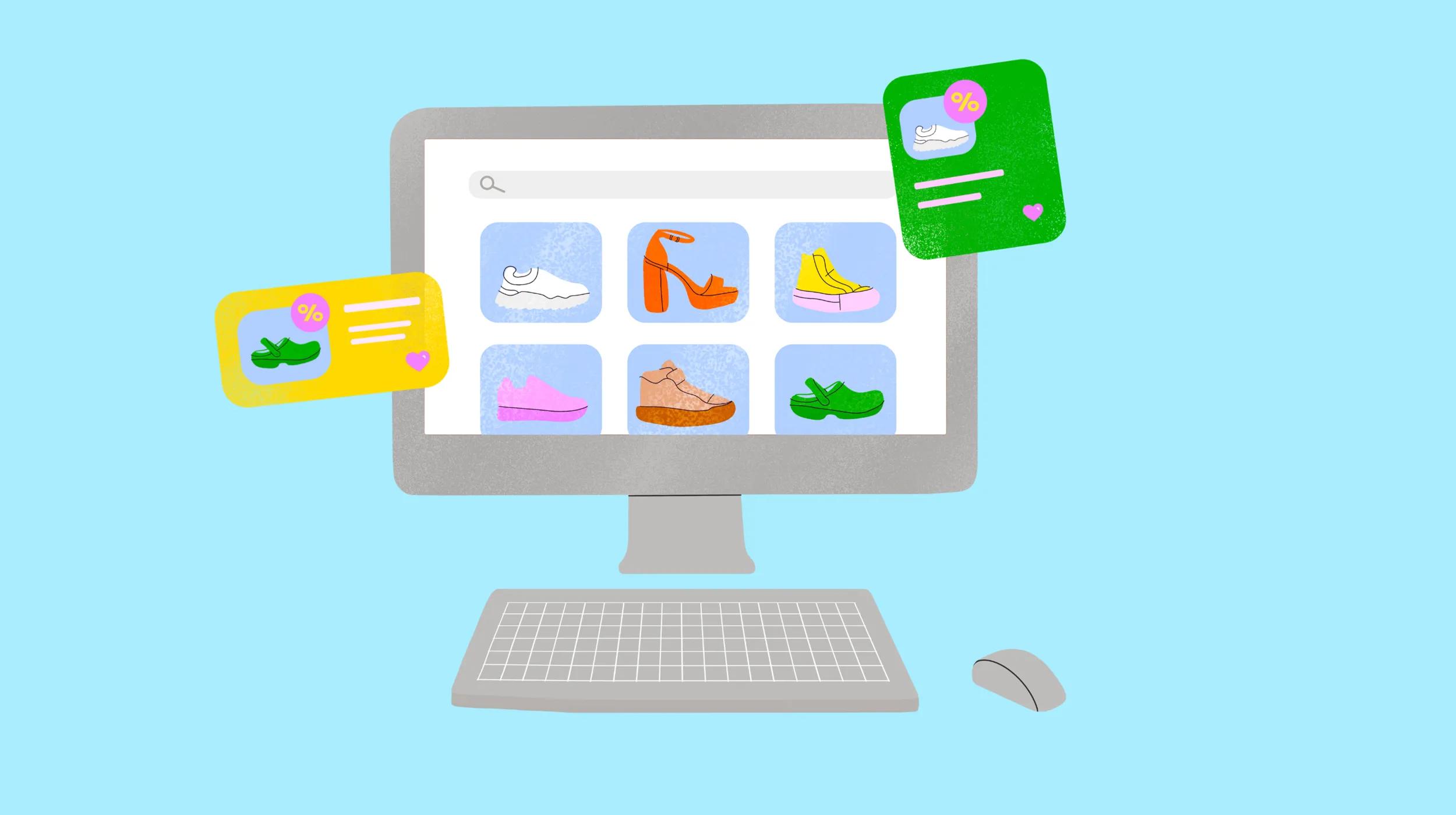 Illustration of a computer screen displaying an online shoe store with various types of shoes in different colors. Colorful discount cards with percentage symbols and shoe images are floating around the screen. A keyboard and mouse are in front of the computer, all set against a light blue background.