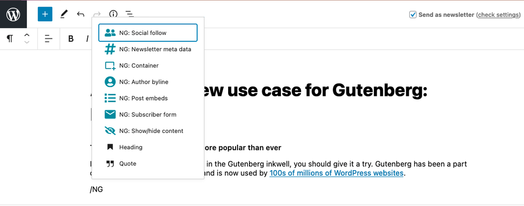 Add a new block and type “/NG.”