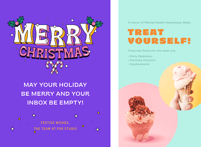 Godaddy Studio graphics showing copy on Christmas and ice cream ads