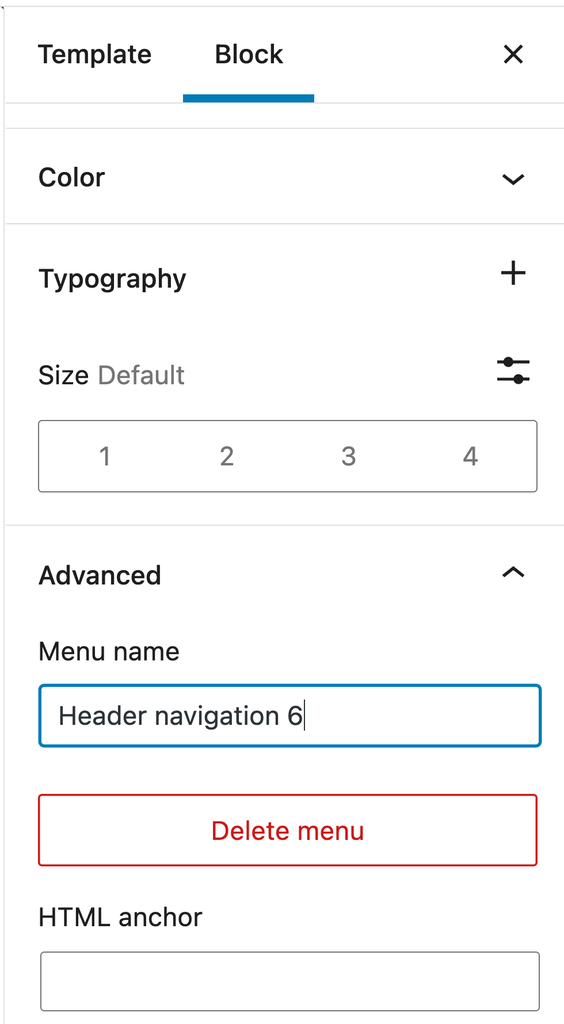 navigation block settings for typography, color, size, and menu name