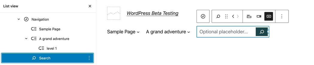 visible is the list view at left and a navigation menu with a search block included
