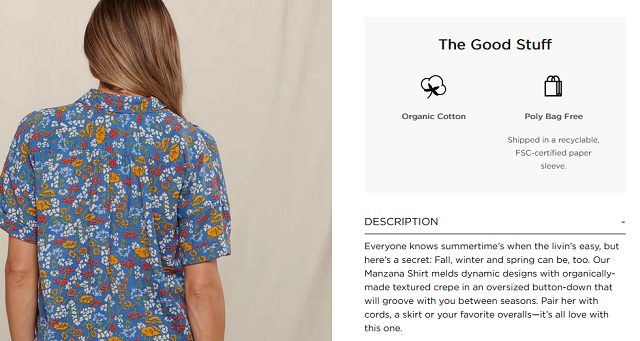 Product description page describing a cotton button-up shirt