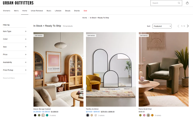 Home goods section of Urban Outfitters’ website