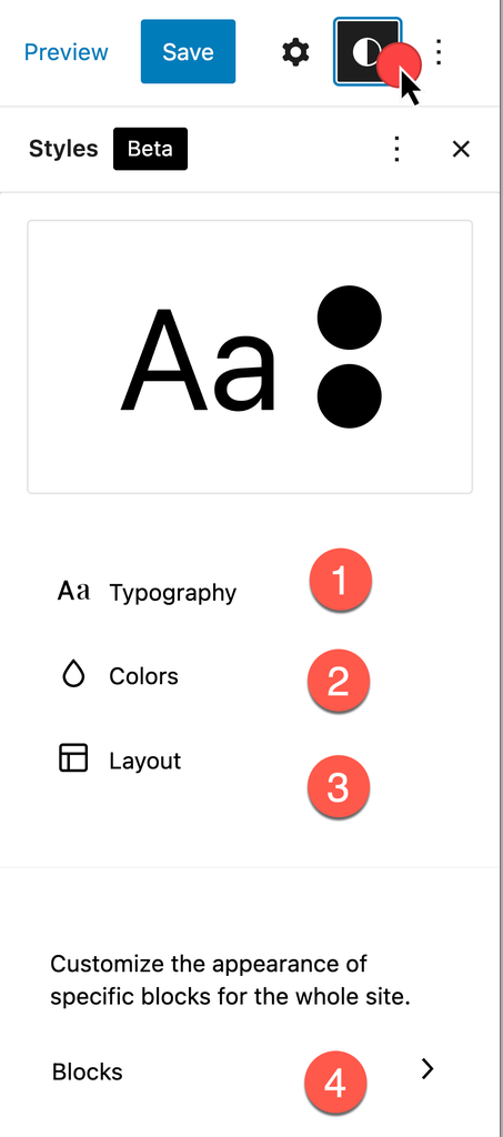 Appearance > Editor > Global Styles displayed