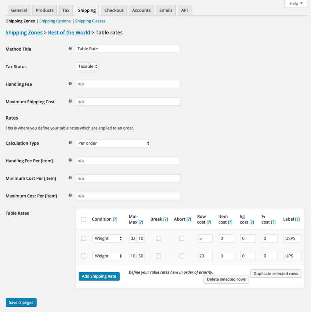 Table shipping example
