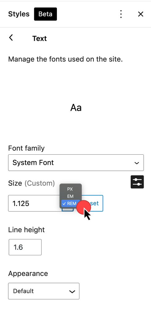 Styles > typography > options > text