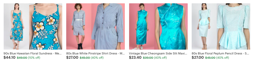 Vintage blue dresses in shop