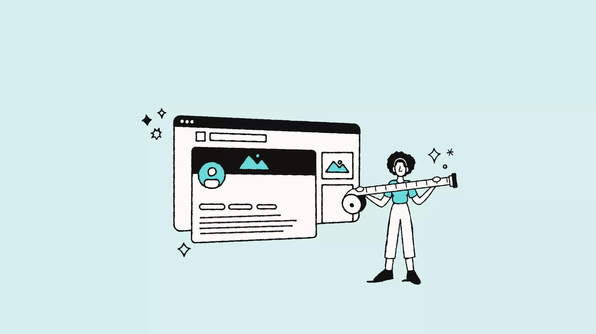 Illustration of a stylized person holding a measuring tape, standing in front of a line art representation of a browser window with a profile picture and various web elements, on a light teal background. The scene is adorned with small stars and geometric shapes, suggesting a sense of achievement or unlocking new potential online.
