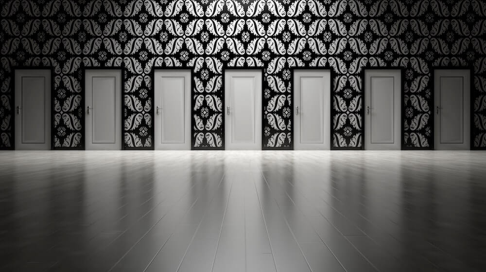 black and white image of different doors lined up against a patterned wall