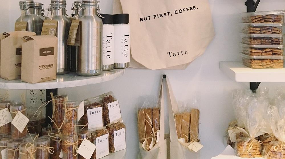 Coffee shop goods displayed on various shelves