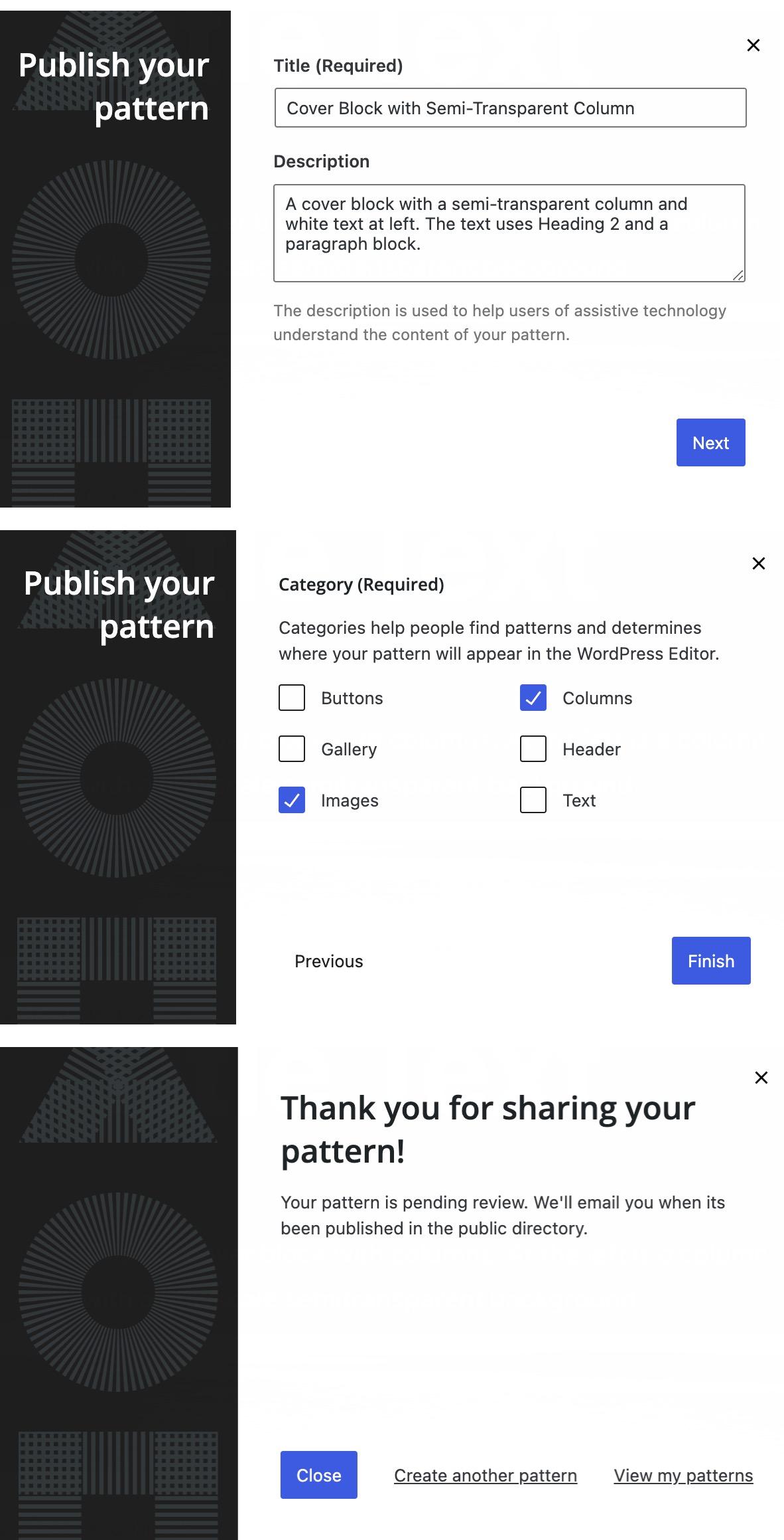Modals of the Block Pattern Submission process showing a request for title, description, categories, and a thank you message.