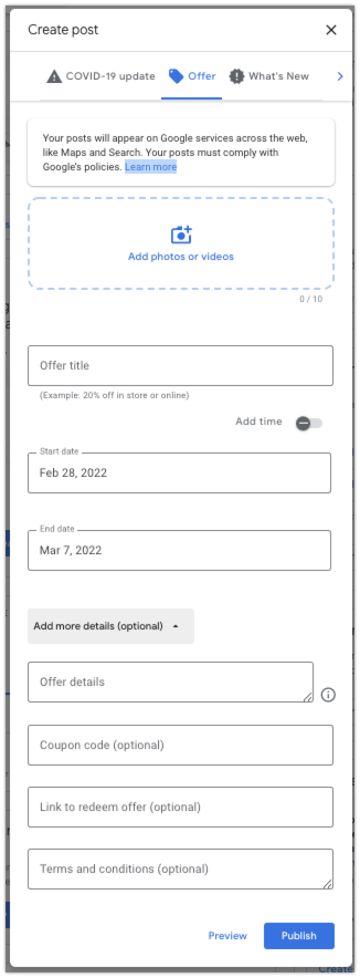 Post creation screen for Google Business Profile