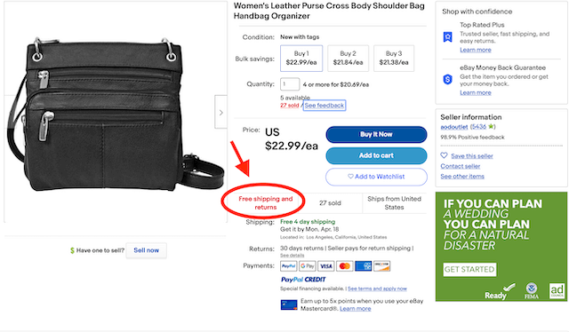 Screenshot of purse on eBay offering free shipping and returns