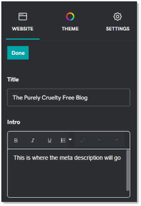 Screenshot of where to place meta description in GoDaddy Website Builder editor
