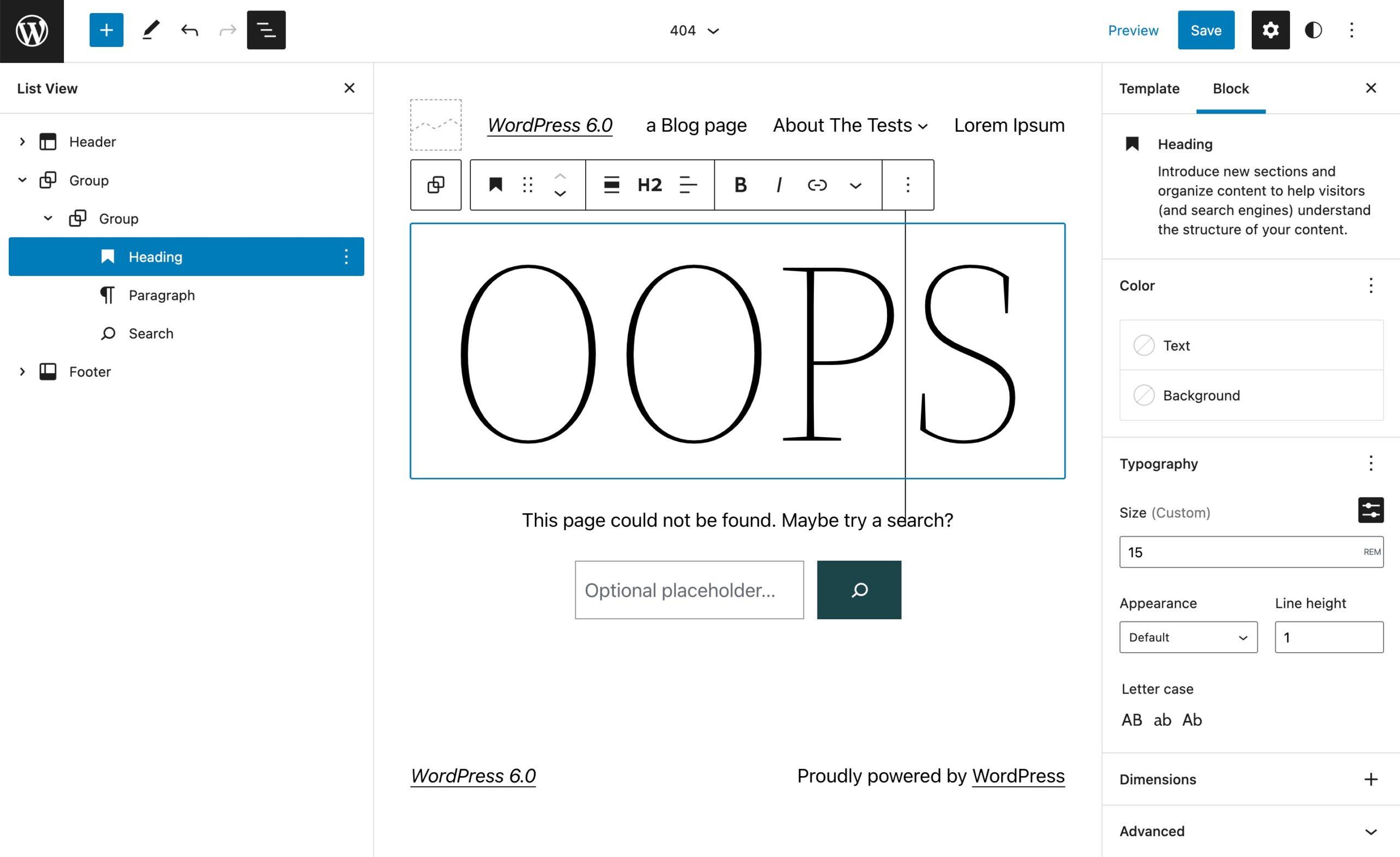 default 404 page altered to say OOPS