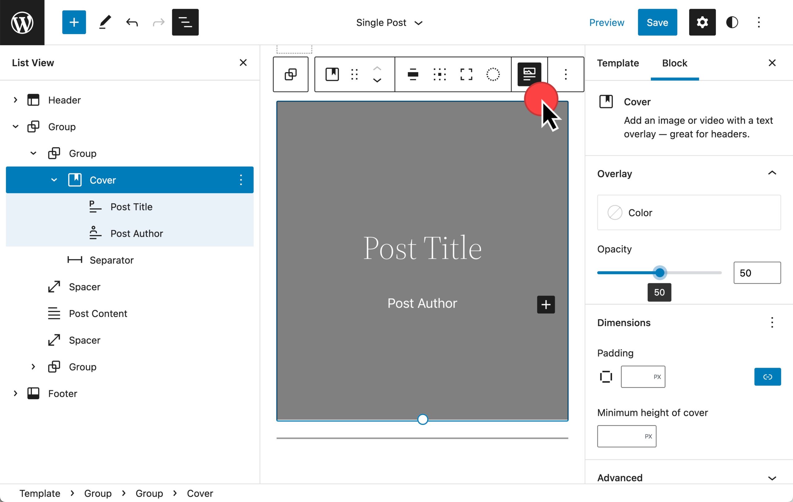 List view expanded to show a cover block with Post title and Post Author inside. The Cover block toolbar shows a mouse pointing at the Featured Image option.