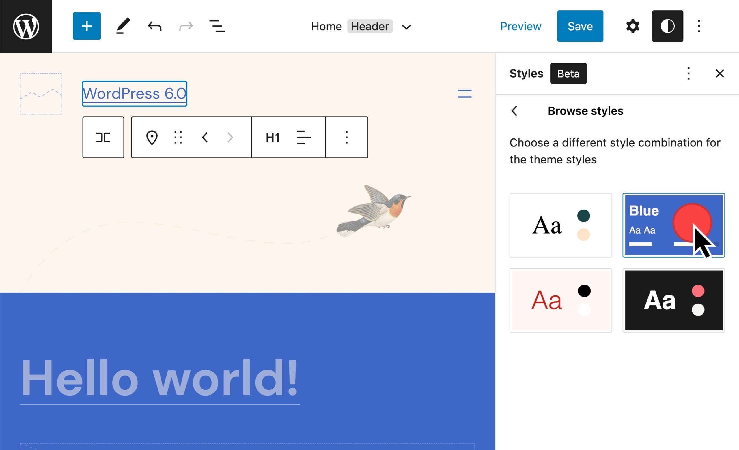 Global Style, Theme Style Variation, blue in WordPress 6.0