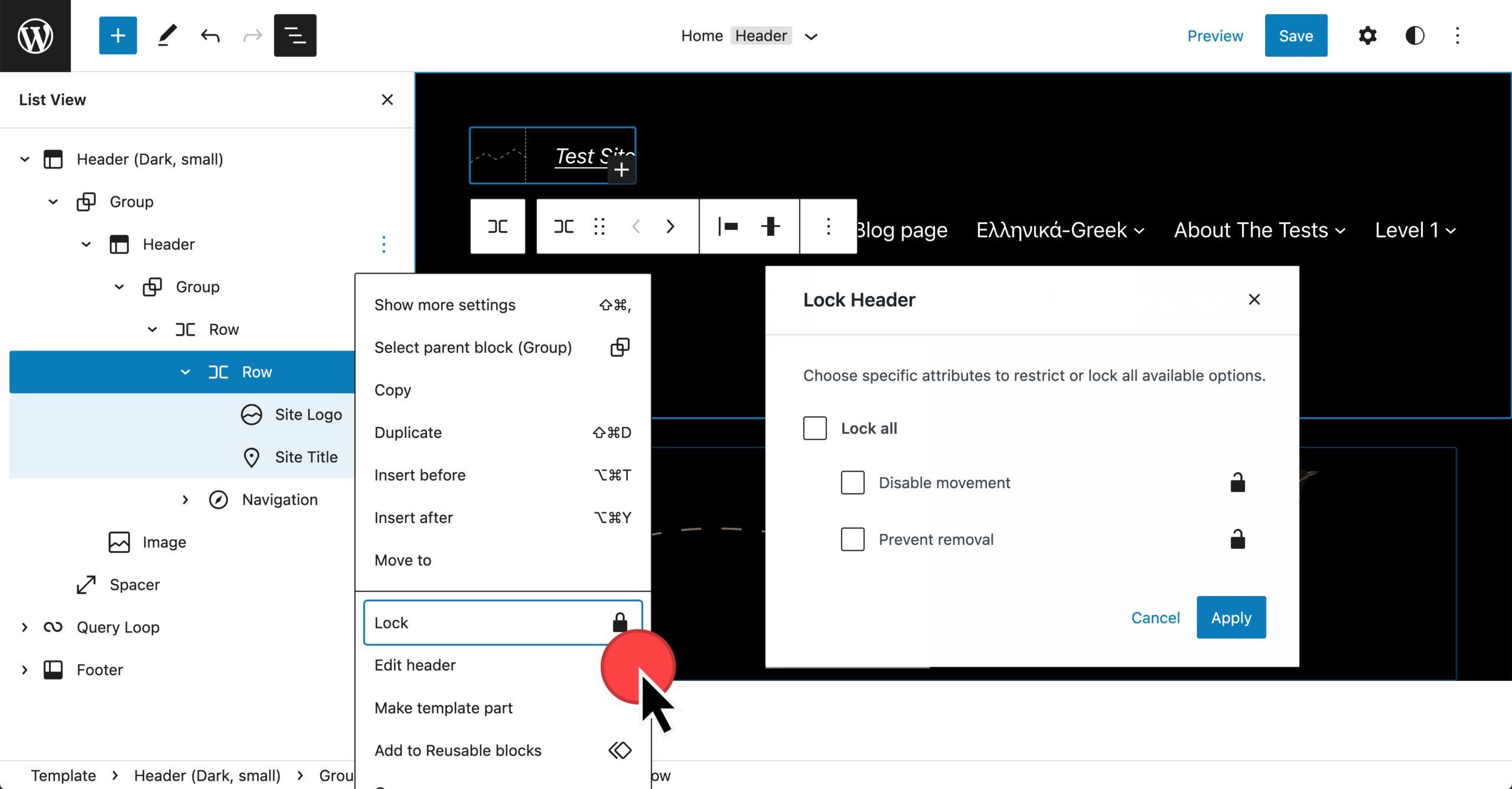 List View toggled open showing a row block with additional options expanded. In the list, the Lock option is selected. Over the post, the Lock block modal is displayed.