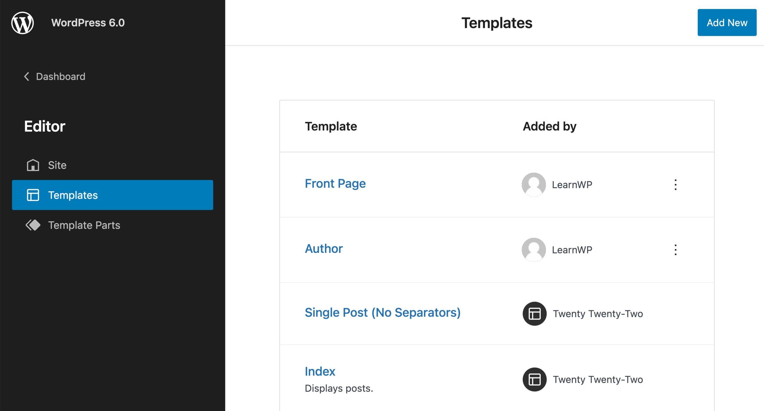 Template added by user or theme