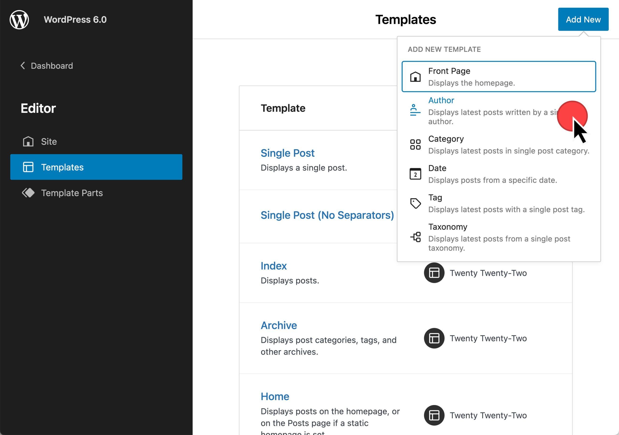 Site Editor, Templates, Add New button, Author option with a mouse pointing at it.
