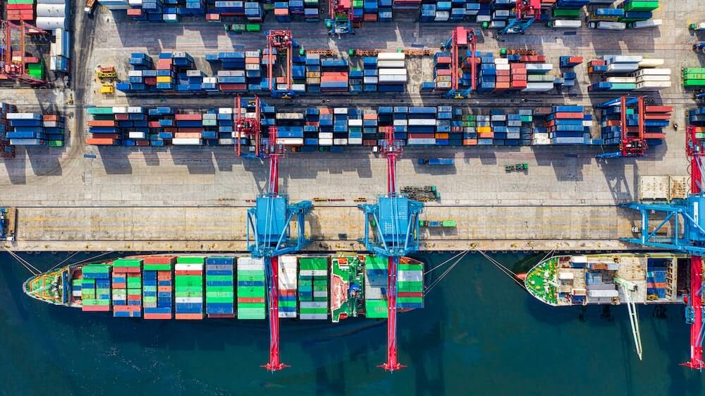 overhead shot of cargo ships in port