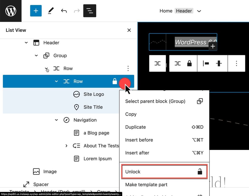 List view expanded to show the lock icon on a row block with the additional options showing how to unlock a block