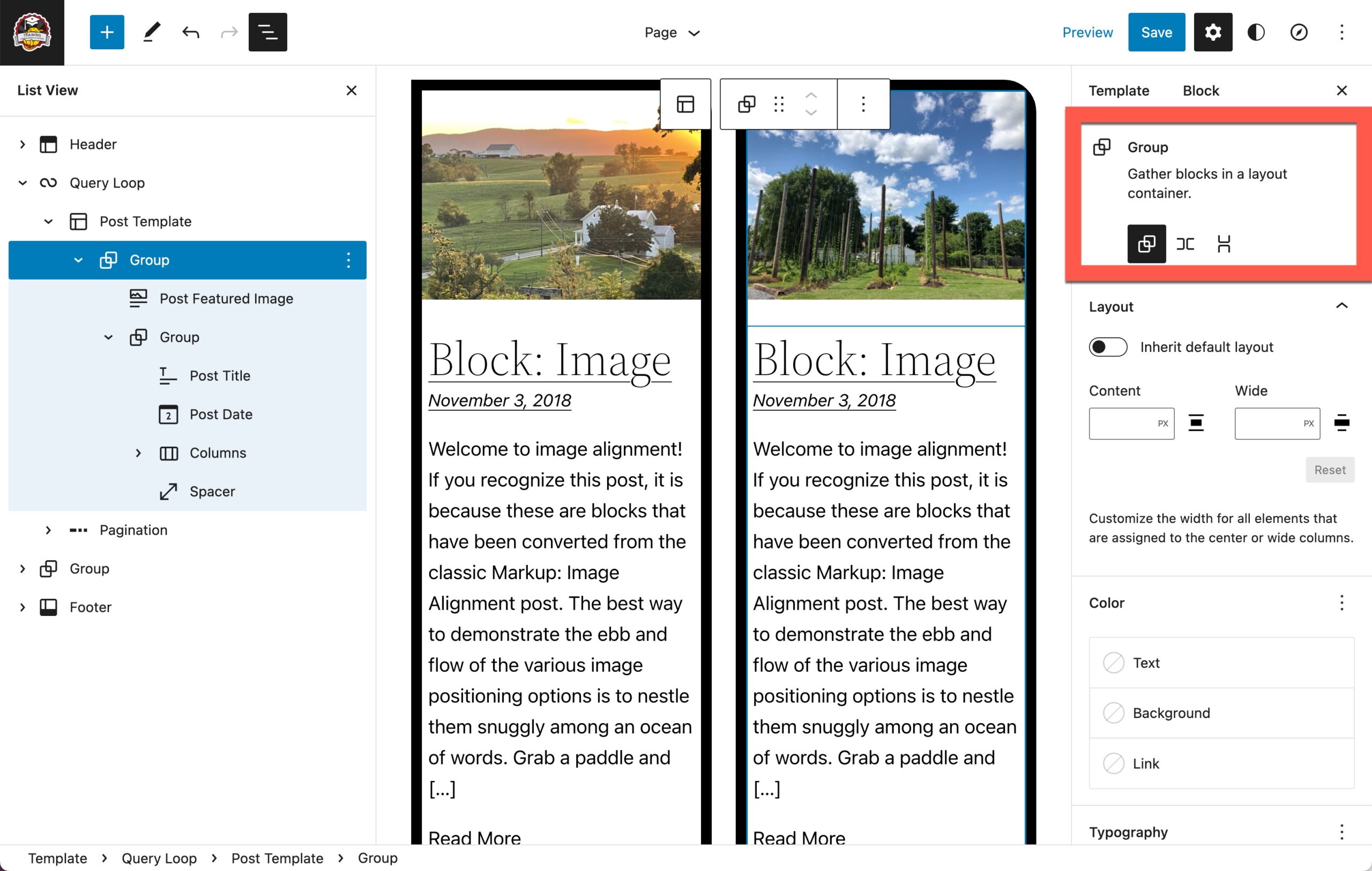 Group block added with the block options visible at right in WordPress 6.0