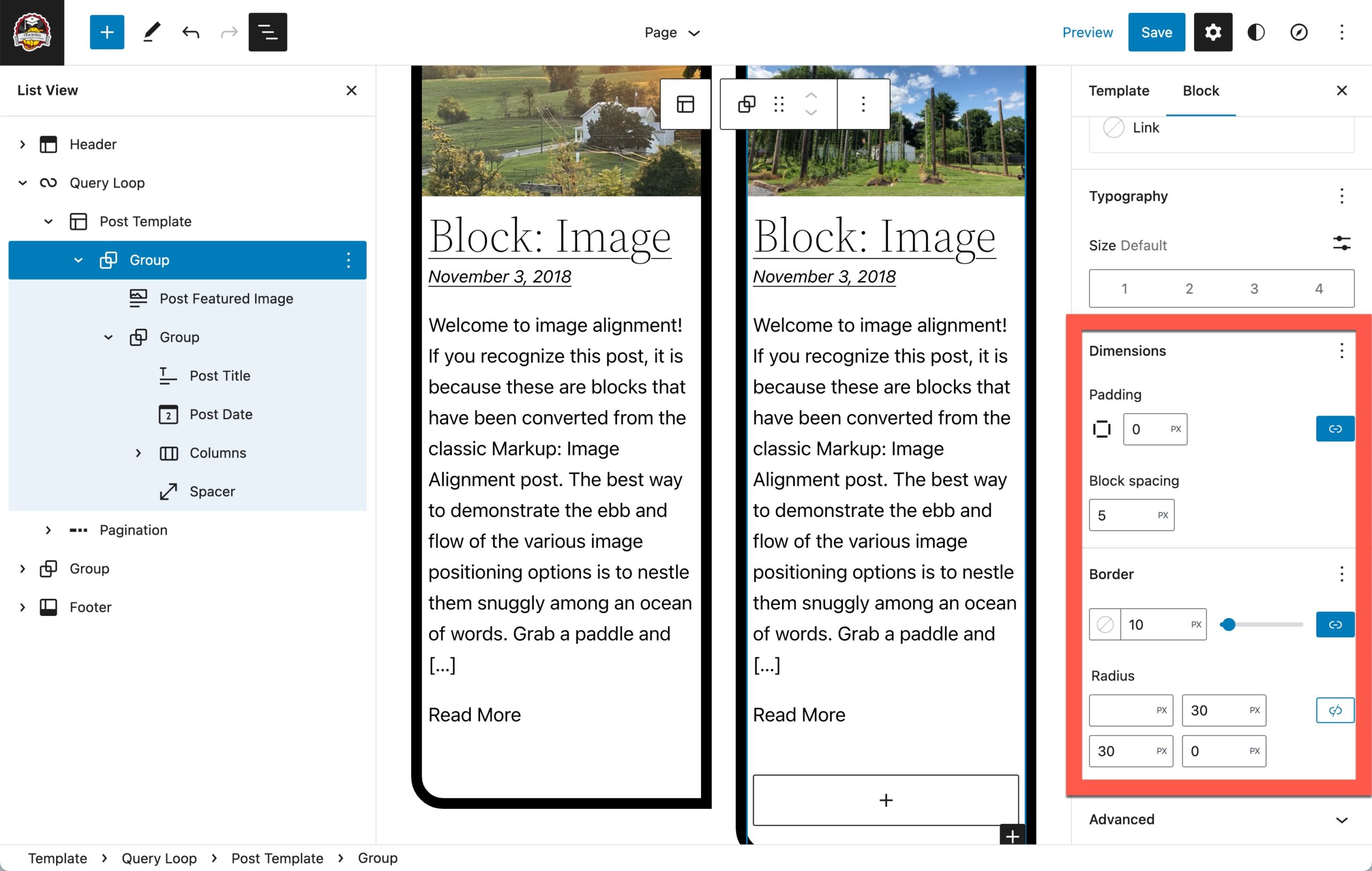 group block gap options with border and radius displayed