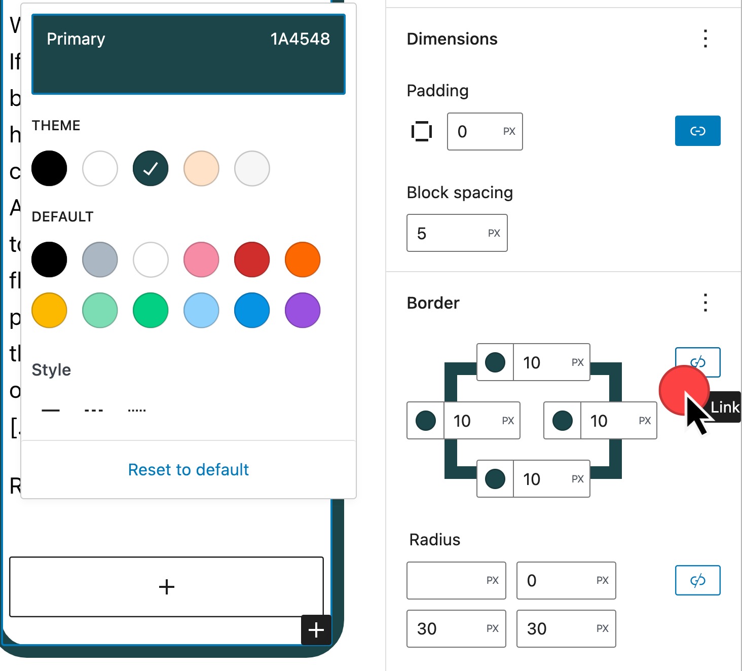 Group block options showing borders unlinked with the color picker floating left in WordPress 6.0
